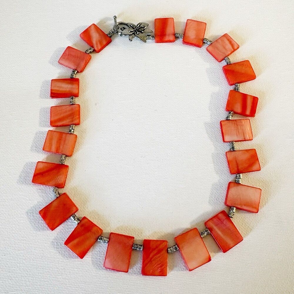 90s Tile Necklace Pink Orange Flower Toggle Clasp 18” Vintage Retro
